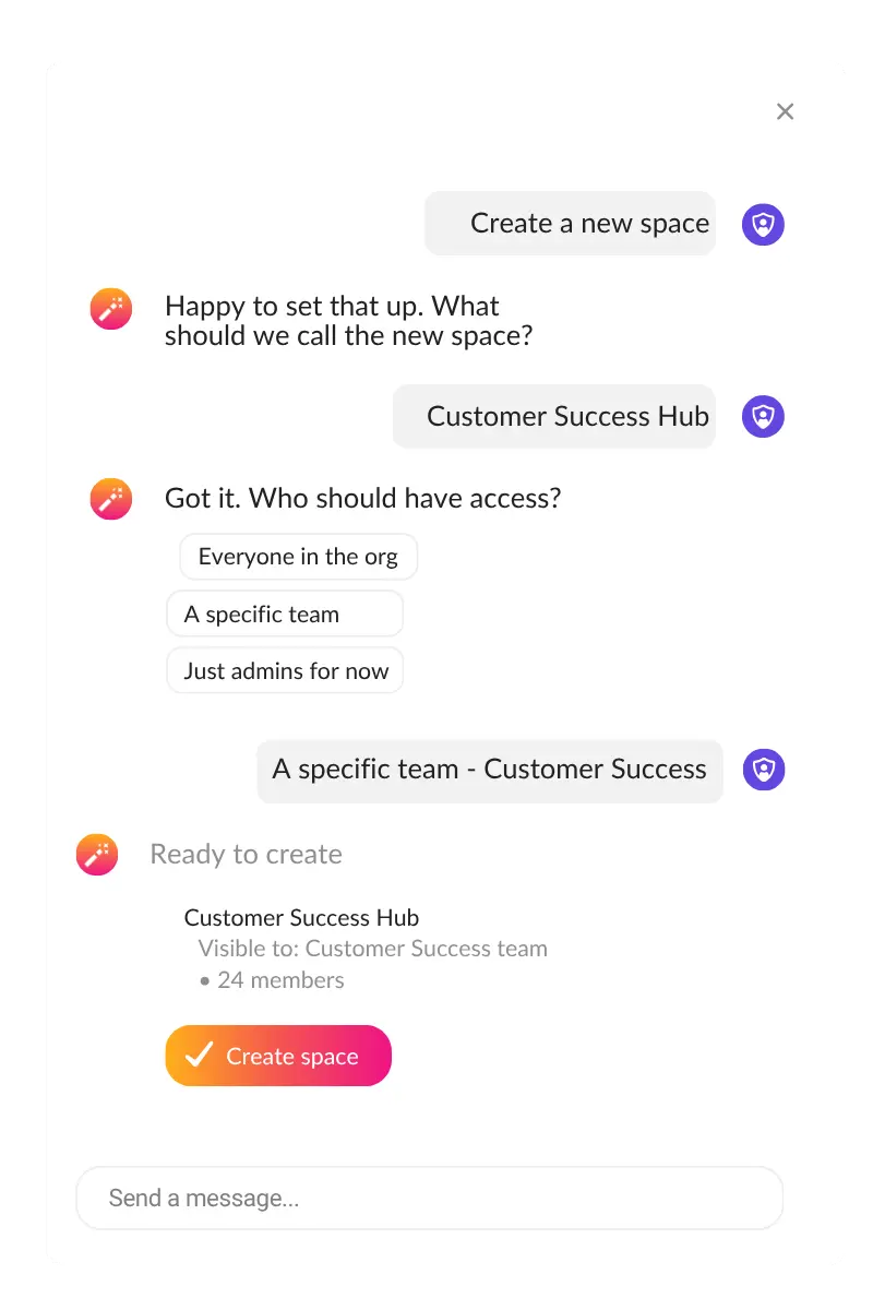Ready to create — Customer Success Hub, visible to Customer Success team, 24 members