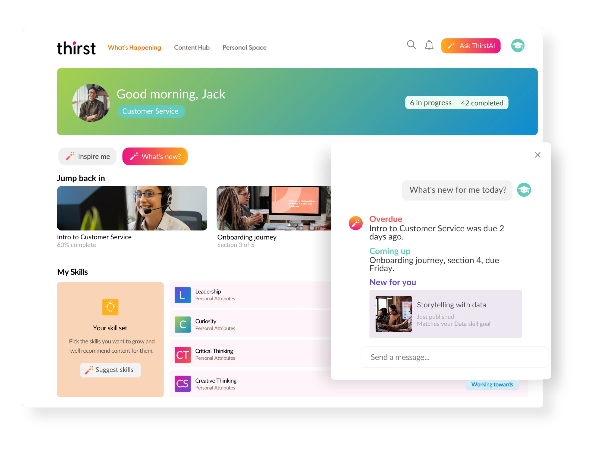 Learner login screen showing ThirstAI's 'what's new for me today' digest