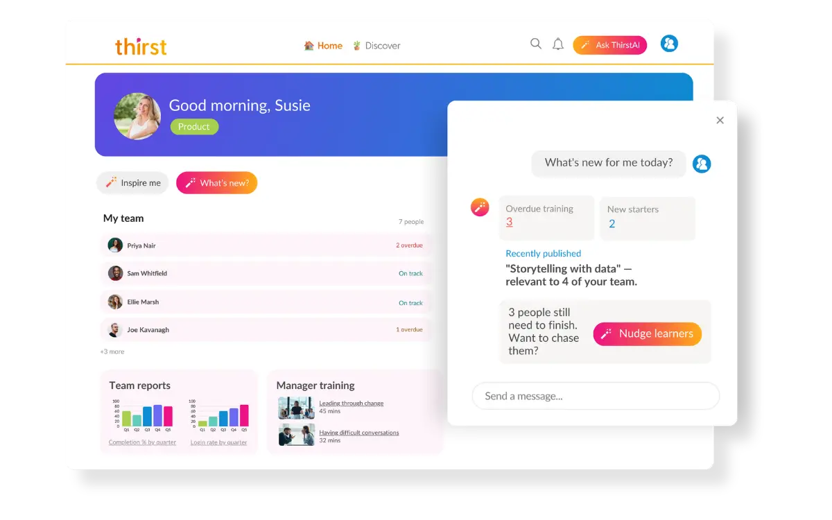 Manager overview dashboard powered by ThirstAI showing team training status