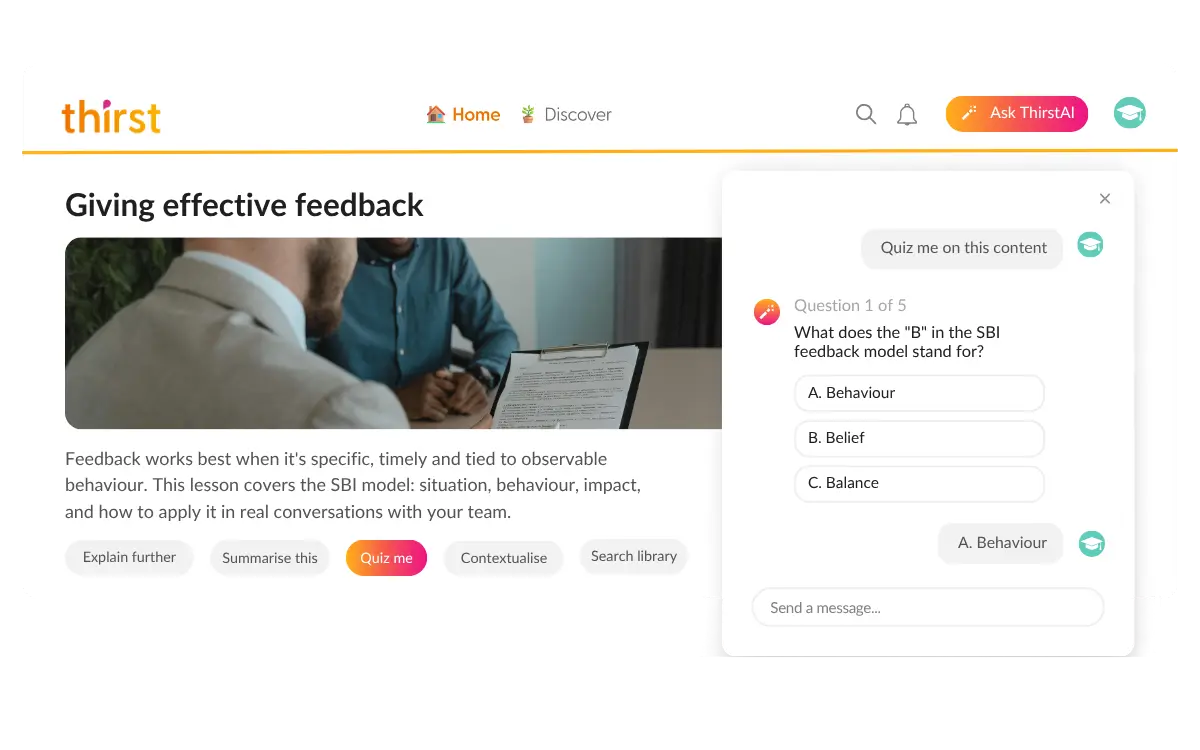 Learner asking ThirstAI to quiz them on a lesson inside the Thirst platform